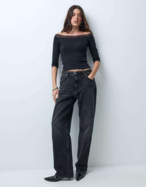 Gina Tricot top bardot à manches 3/4 en dentelle noir, 2 de 5