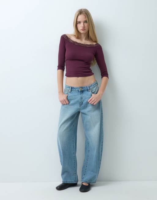 Gina Tricot top Bardot con maniche a 3/4 e pizzo bordeaux, 2 di 5