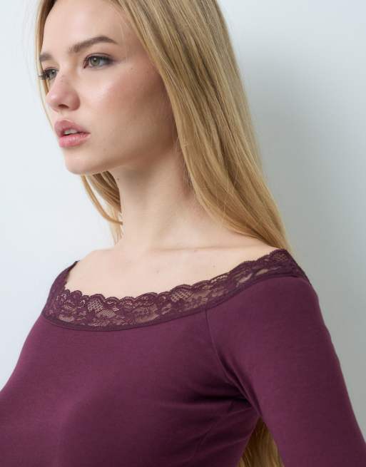 Gina Tricot top Bardot con maniche a 3/4 e pizzo bordeaux, 5 di 5