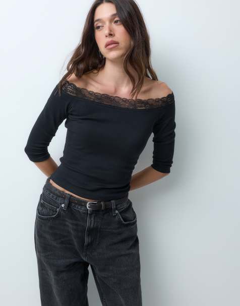 Gina Tricot top bardot de manga tres cuartos con encaje en negro - view 1