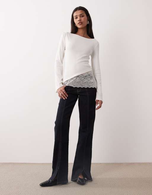 Gina Tricot - Top bianco con scollo a barchetta e dettaglio in pizzo