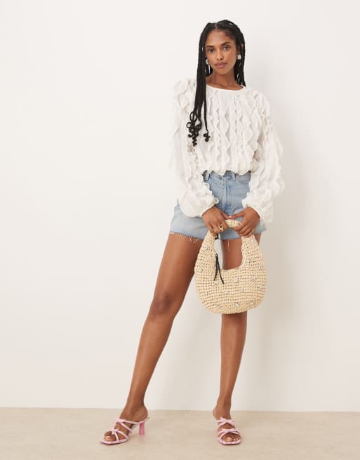Gina Tricot - Top bianco écru con volant e maniche voluminose, 3 di 4