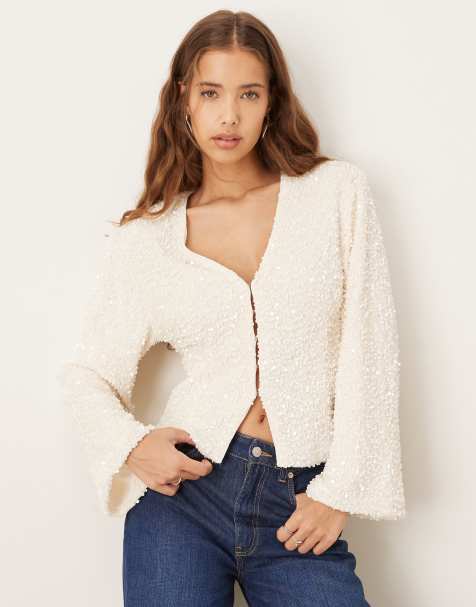 Gina Tricot - Top bianco sporco stretto in vita con paillettes - view 1