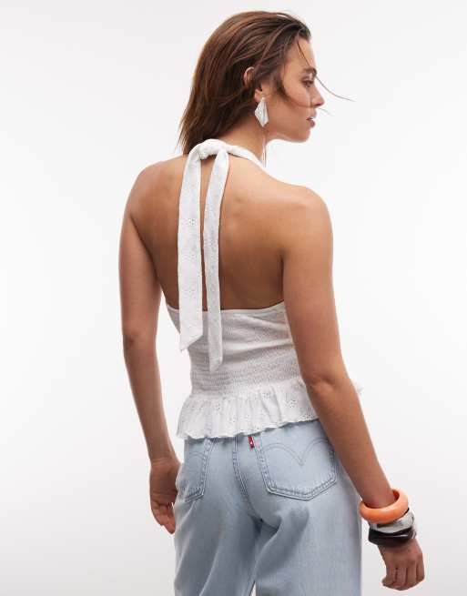 Gina Tricot - Top blanco con cuello halter y bordado inglés, 4 de 7