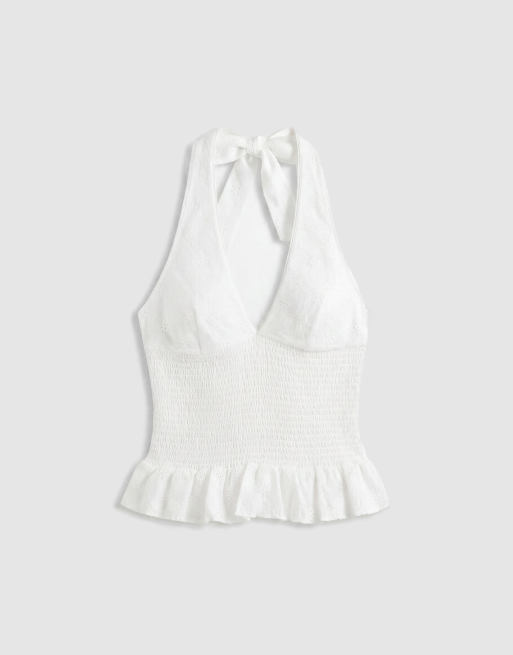 Gina Tricot - Top blanco con cuello halter y bordado inglés, 5 de 7