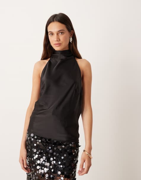 Gina Tricot - Top blusa allacciato al collo in raso nero - view 1
