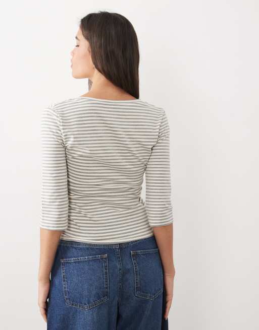 Gina Tricot top col V à manches 3/4 à rayures grises, 4 de 4