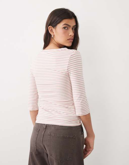 Gina Tricot top col V à manches 3/4 à rayures roses, 4 de 4