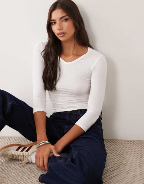 Gina Tricot top con scollo a V e maniche 3/4 bianco sporco - view 1
