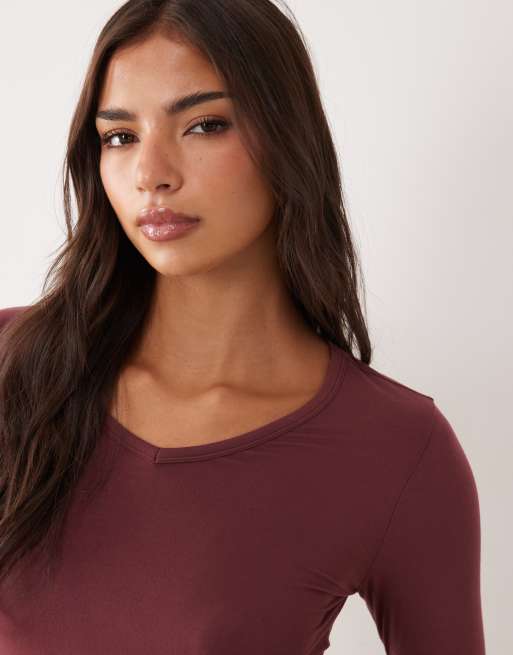 Gina Tricot top con scollo a V e maniche 3/4 bordeaux, 2 di 4