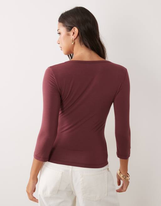 Gina Tricot top con scollo a V e maniche 3/4 bordeaux, 4 di 4
