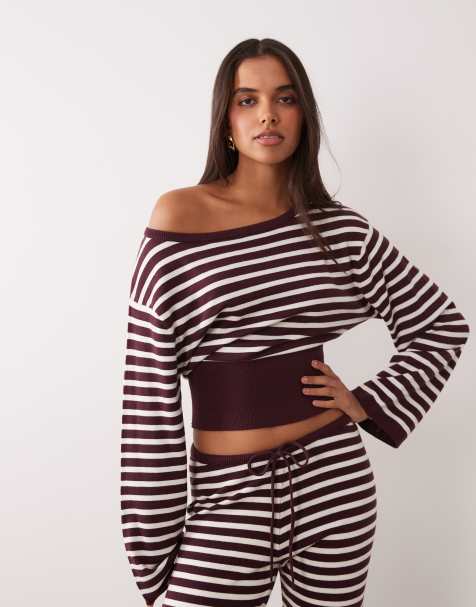 Gina Tricot top de punto de ropa de estar por casa de conjunto a rayas burdeos - view 1