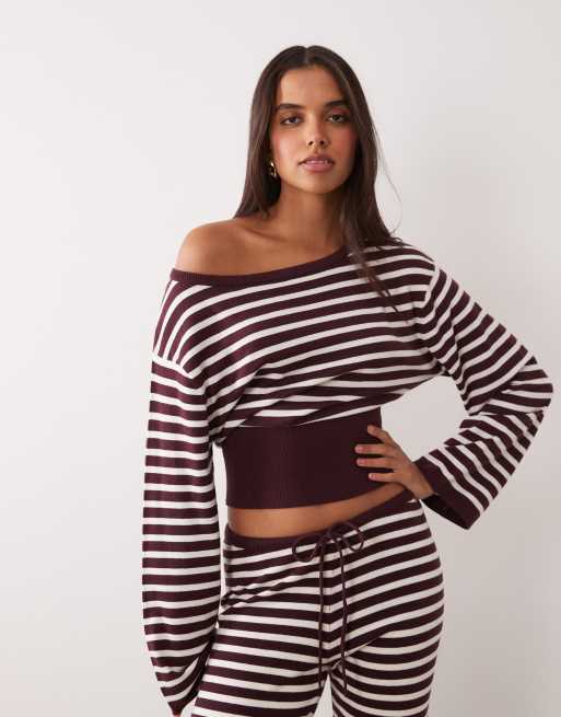 Gina Tricot - Conjunto de estar por casa burdeos vino a rayas holgado con cintura entallada de punto, 2 de 3
