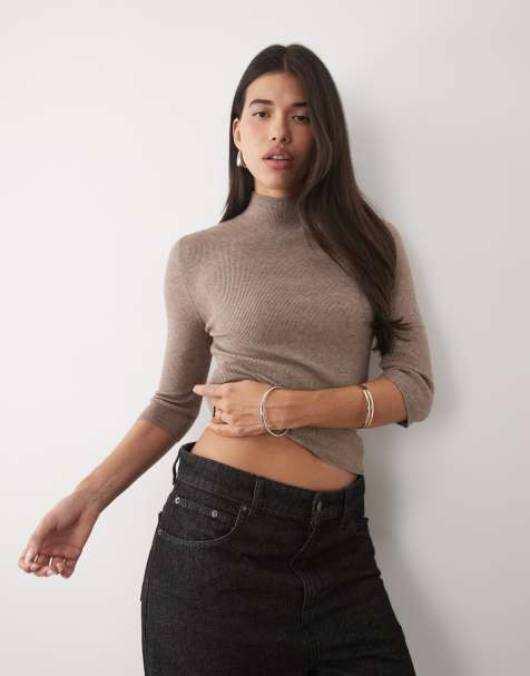 Gina Tricot top de punto tipo polo con cuello alzado y manga tres cuartos en marrón jaspeado - view 1