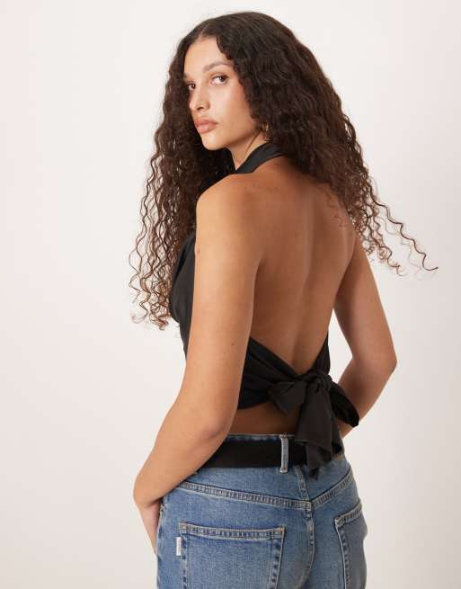 Gina Tricot - Top dos nu drapé en satin - Noir, 3 de 4