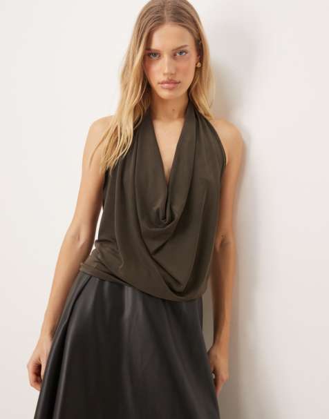 Gina Tricot - Top dos nu effet drapé - Vert foncé - view 1