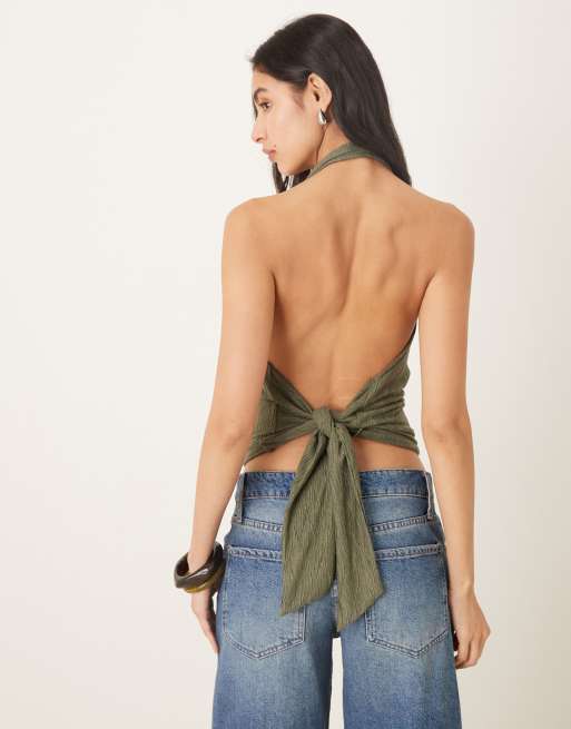 Gina Tricot - Top dos nu texturé et plissé à dos ouvert noué - Vert foncé, 3 de 4