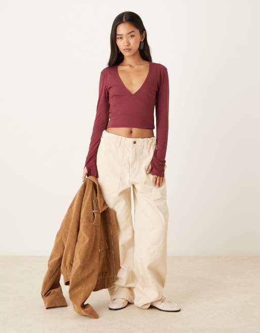 Gina Tricot - Top doux à manches longues et col V - Prune, 3 de 4