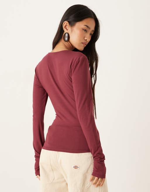 Gina Tricot - Top doux à manches longues et col V - Prune, 4 de 4
