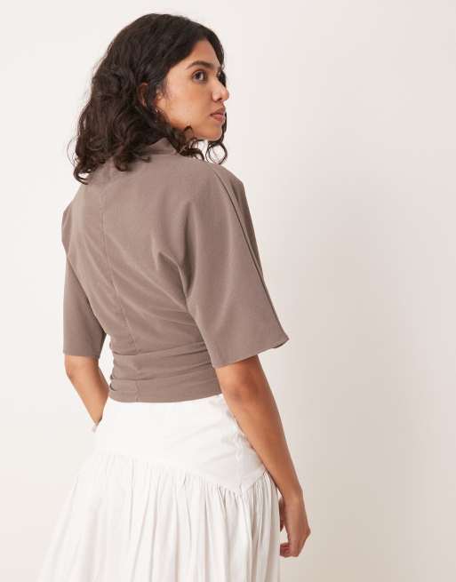 Gina Tricot - Top drapé à encolure bateau et demi-manches - Marron, 4 de 4