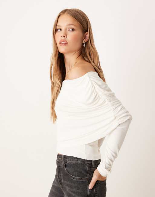 Gina Tricot - Top drapé effet cape à manches longues - Blanc