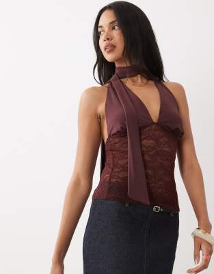 Top en dentelle à décolleté plongeant et détail foulard - Chocolat-Marron XS