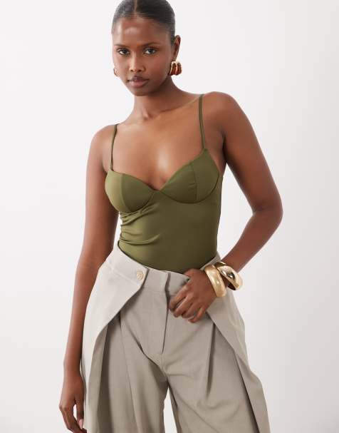 Gina Tricot - top escotado moldeador en caqui - view 1