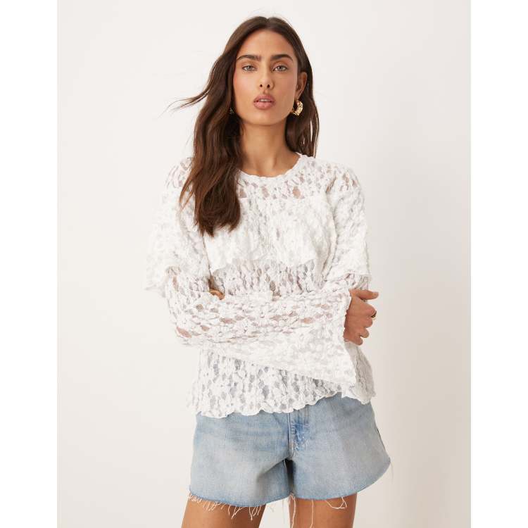 Top Femme Dentelle Décolleté Carmen - T-shirt Tricoté Frappé, Neuf Avec étiquettes, Fabriqué En Italie