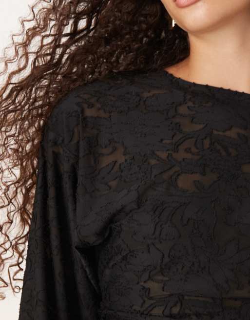 Gina Tricot - Top girocollo a maniche lunghe nero con stampa testurizzata, 3 di 4