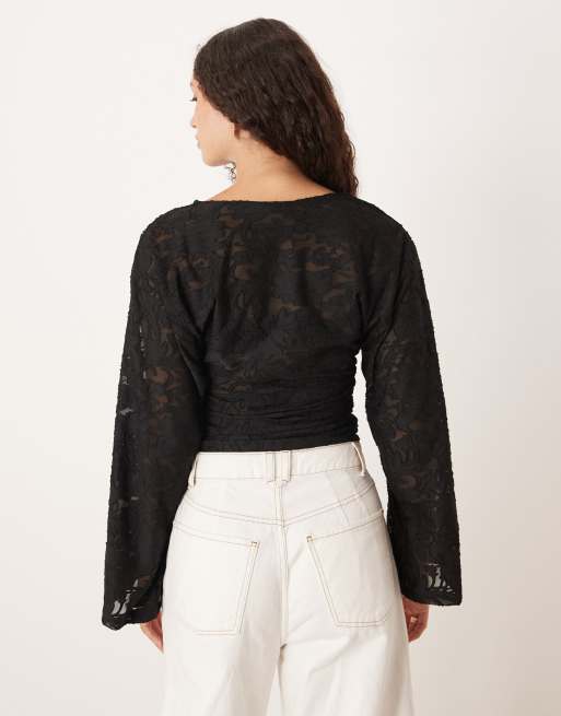 Gina Tricot - Top girocollo a maniche lunghe nero con stampa testurizzata, 4 di 4