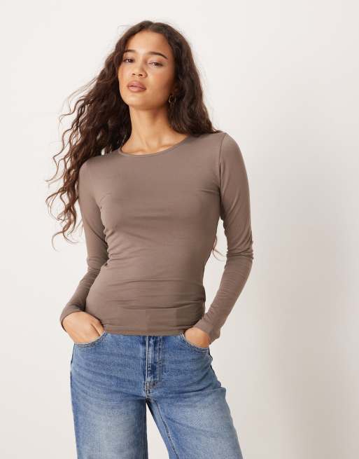 Gina Tricot - Top girocollo slim morbido al tatto marrone fungo