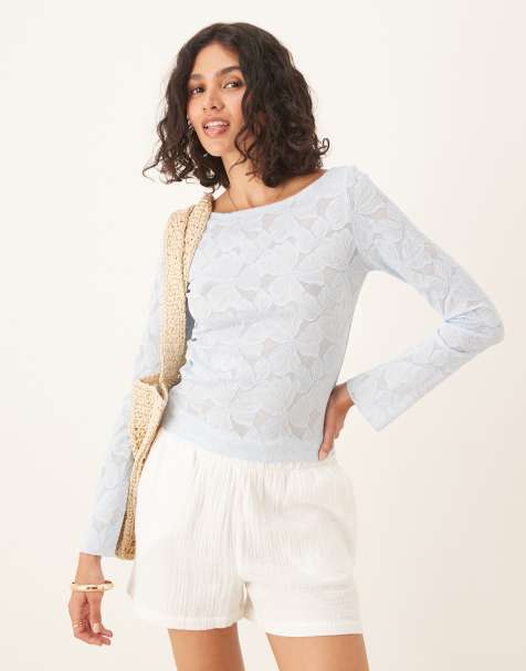 Gina Tricot - Top in jersey strutturato a maniche lunghe azzurro trasparente con maniche svasate - view 1