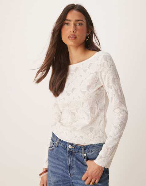 Gina Tricot - Top in pizzo a maniche lunghe bianco sporco trasparente con maniche scampanate - view 1