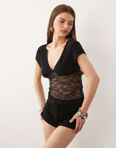 Gina Tricot - Top in pizzo nero con scollo rotondo - view 1
