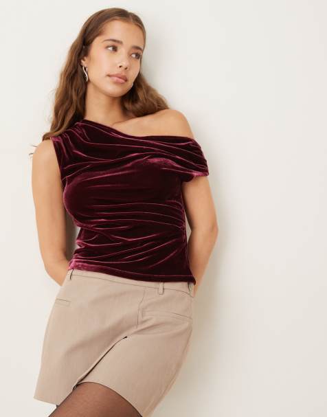 Gina Tricot - Top in velluto rosso vinaccia asimmetrico - view 1