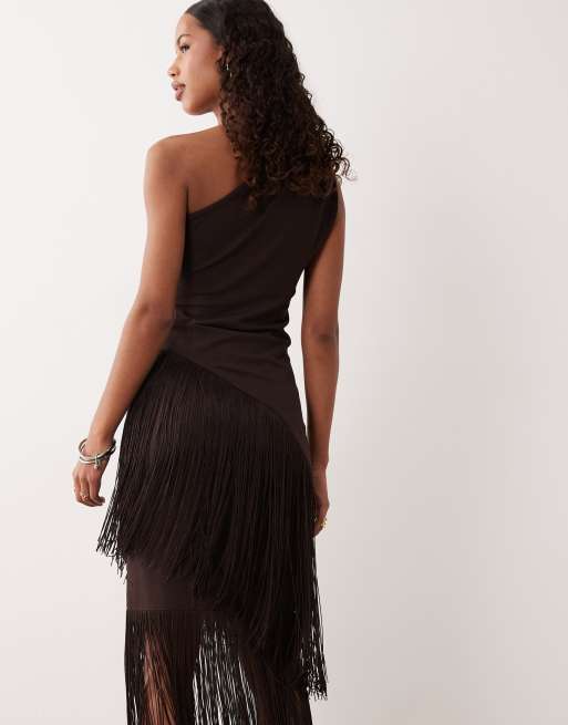 Gina Tricot - Top long asymétrique d'ensemble à franges - Marron chocolat, 3 de 4