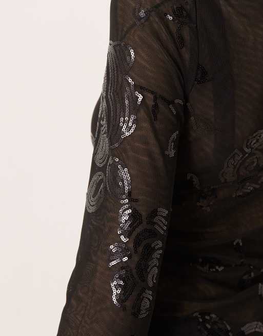 Gina Tricot - Top manches longues à fleurs et sequins - Noir, 3 de 4
