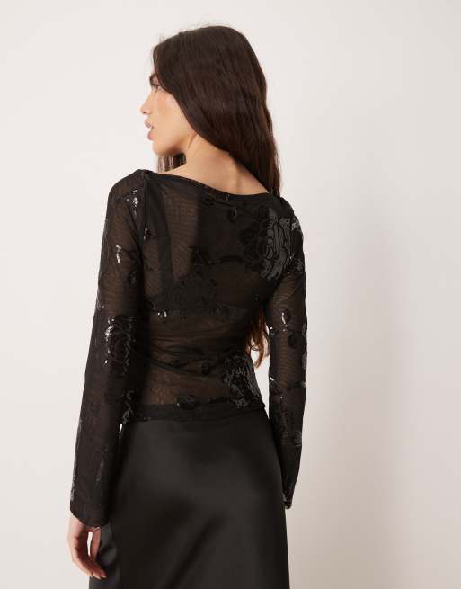 Gina Tricot - Top manches longues à fleurs et sequins - Noir, 4 de 4