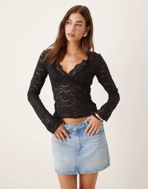 Gina Tricot - Top manches longues en dentelle avec col V - Noir - view 1