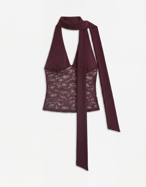 Gina Tricot - Top marrón chocolate escotado con fular de encaje, 5 de 8
