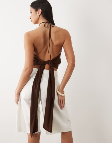 Gina Tricot - Top marrón chocolate oscuro con cuello halter anudado - view 1