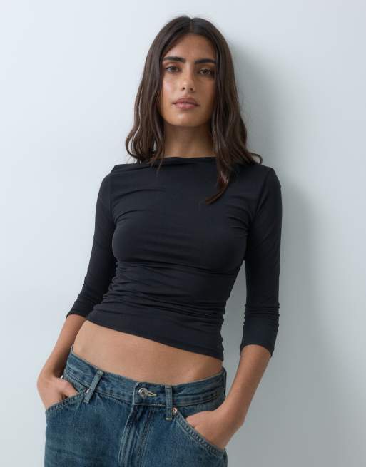 Gina Tricot top med V-hals og 3/4-ærmer i sort, 5 af 5