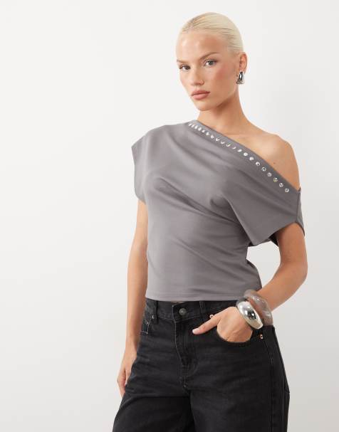 Gina Tricot top met blote schouders, korte mouwen en studs in grijs - view 1