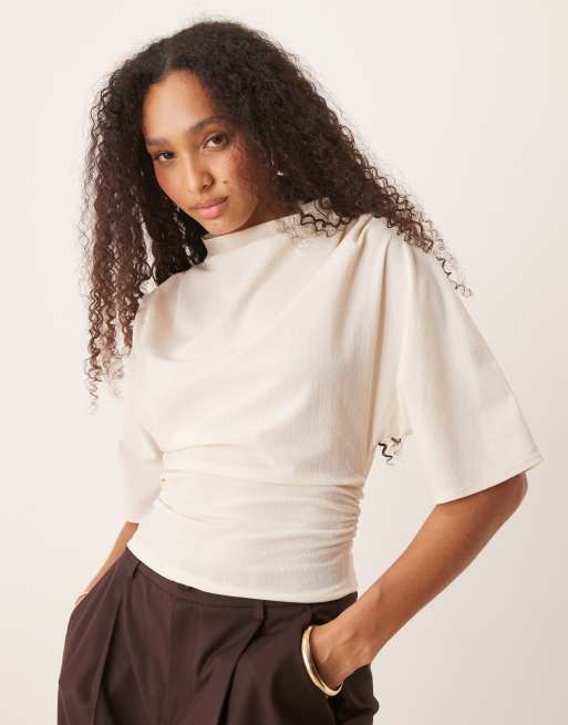 Gina Tricot - Top met gedrapeerde boothals met mouwen tot aan de elleboog in gebroken wit