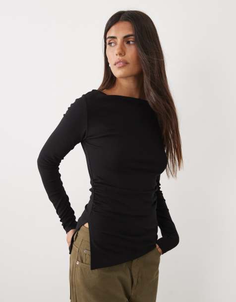 Gina Tricot top met lange mouwen en asymmetrische zoom in zwart - view 1