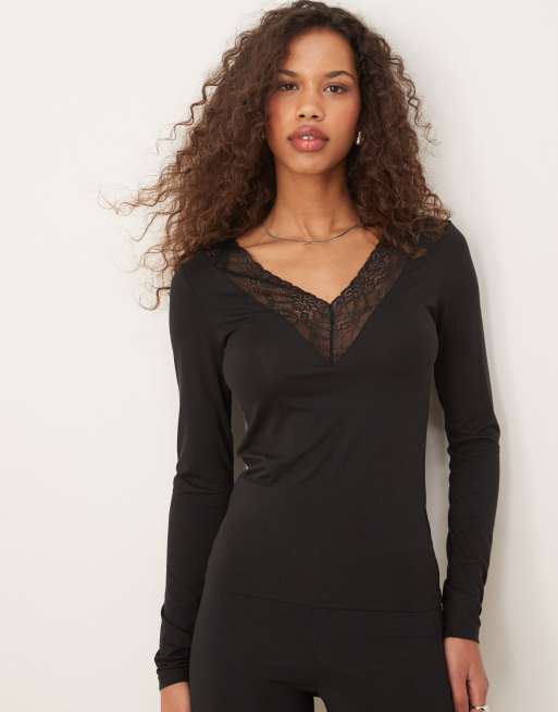 Gina Tricot - Top met lange mouwen en kant en V-hals in zwart