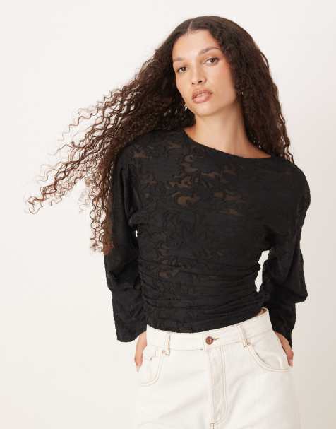 Gina Tricot - Top met lange mouwen, textuur, print en ronde hals in zwart - view 1