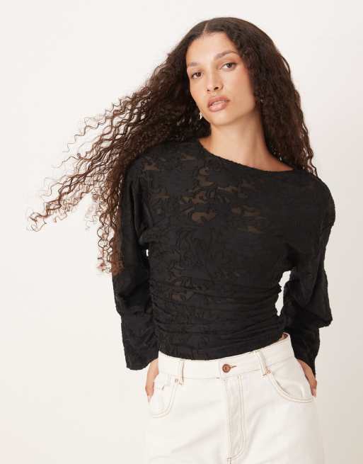 Gina Tricot - Top met lange mouwen, textuur, print en ronde hals in zwart