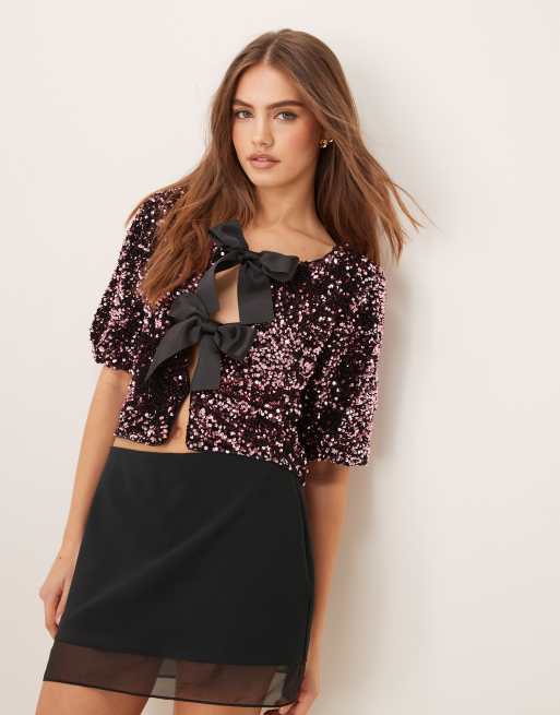Gina Tricot - Top met lovertjes, korte mouwen en strikken van satijn aan de voorkant in roze