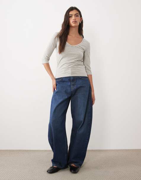 Gina Tricot top met V-hals en driekwartmouwen in grijze streep - view 1